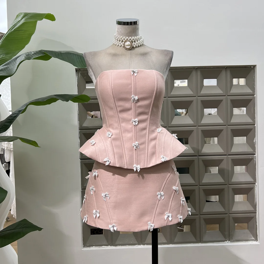 Brownm Vietnamese Niche Design With Fish Bone Thoracic + Bow Half Skirt Set Gentle Dating Atmosphere
