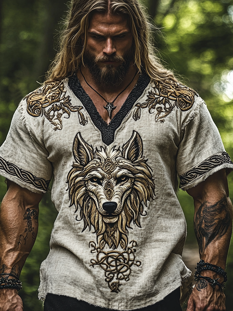 Men's Vintage Viking Celtic Knot Wolf Fenrir Linen T Shirt / Rvogue / Rvogue