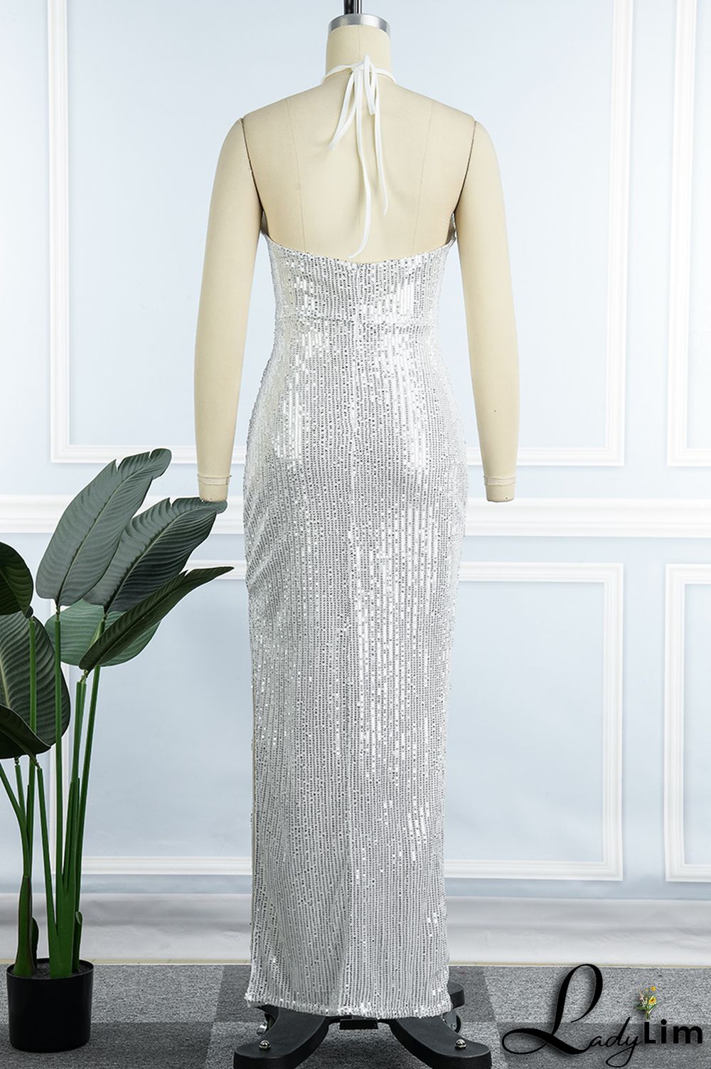 Black Sexy Solid Sequins Patchwork Slit Halter Evening Dress Dresses