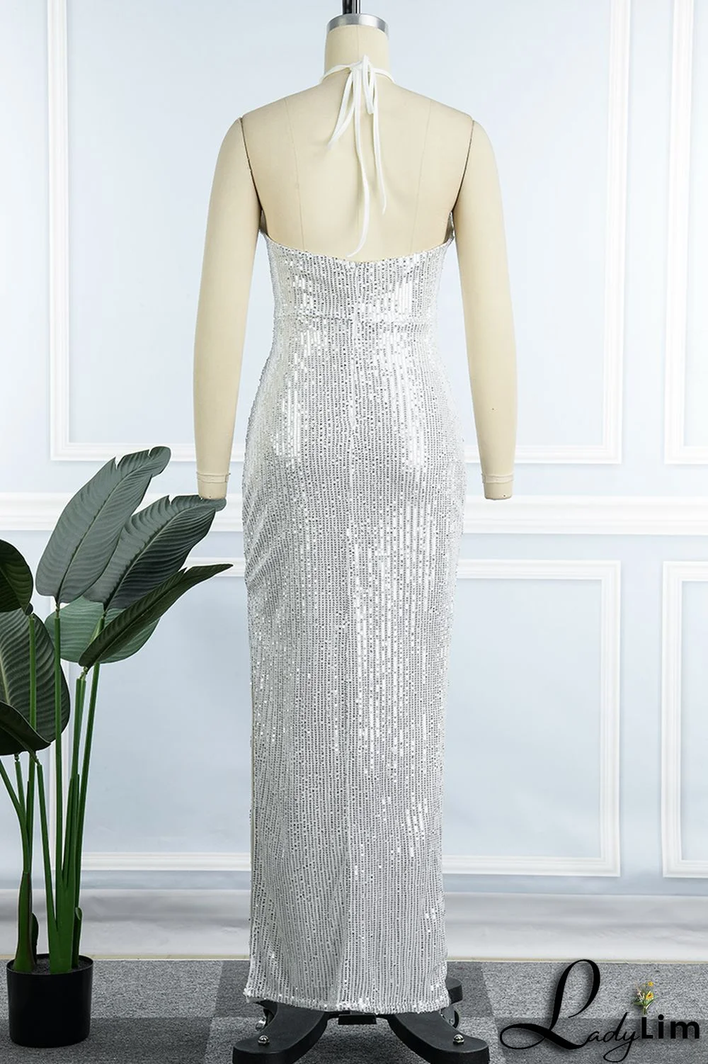 Black Sexy Solid Sequins Patchwork Slit Halter Evening Dress Dresses