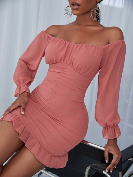 Ruched Off Shoulder Flounce Sleeve Bodycon Dress - Chicaggo