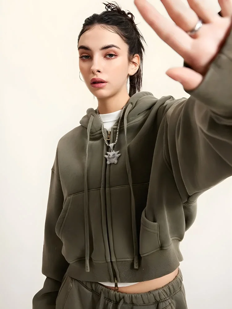 Brownm Zip-Up Cropped Hoodie