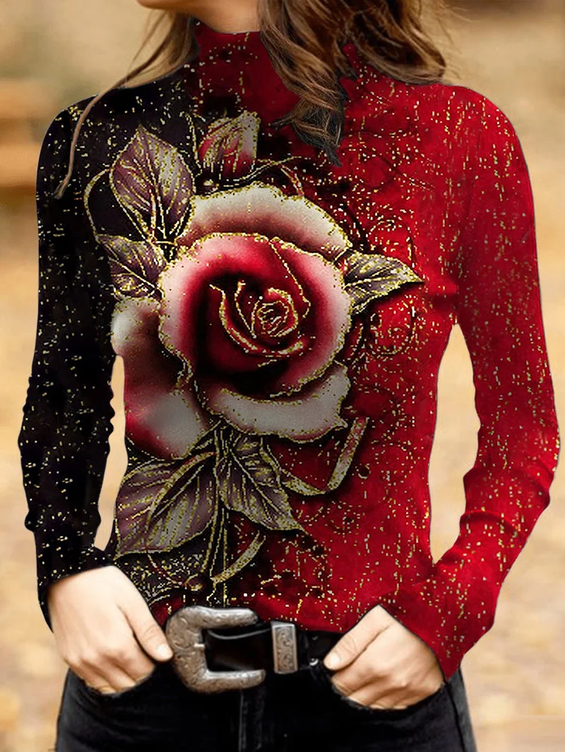 Color Blocking Rose Print Women's Blouse