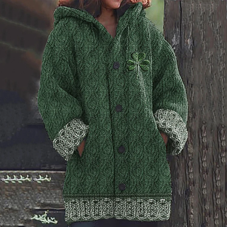 VChics Women's Irish Celtic Knot Jacquard Hooded Sweater Cardigan