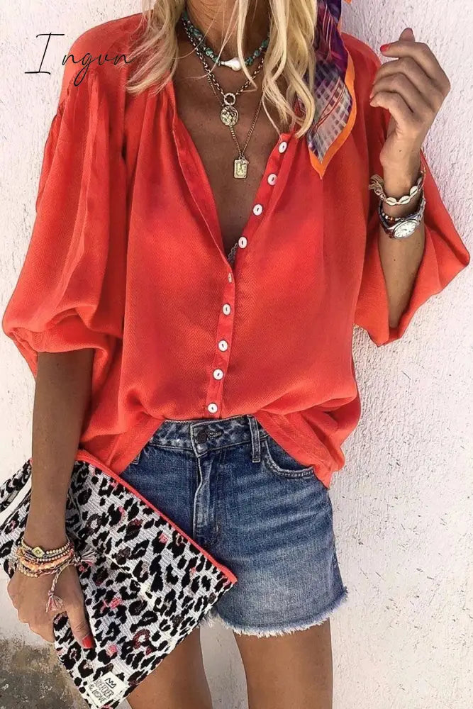 Ingvn - Buttons Design Lace-Up Red Blouse S / Tops
