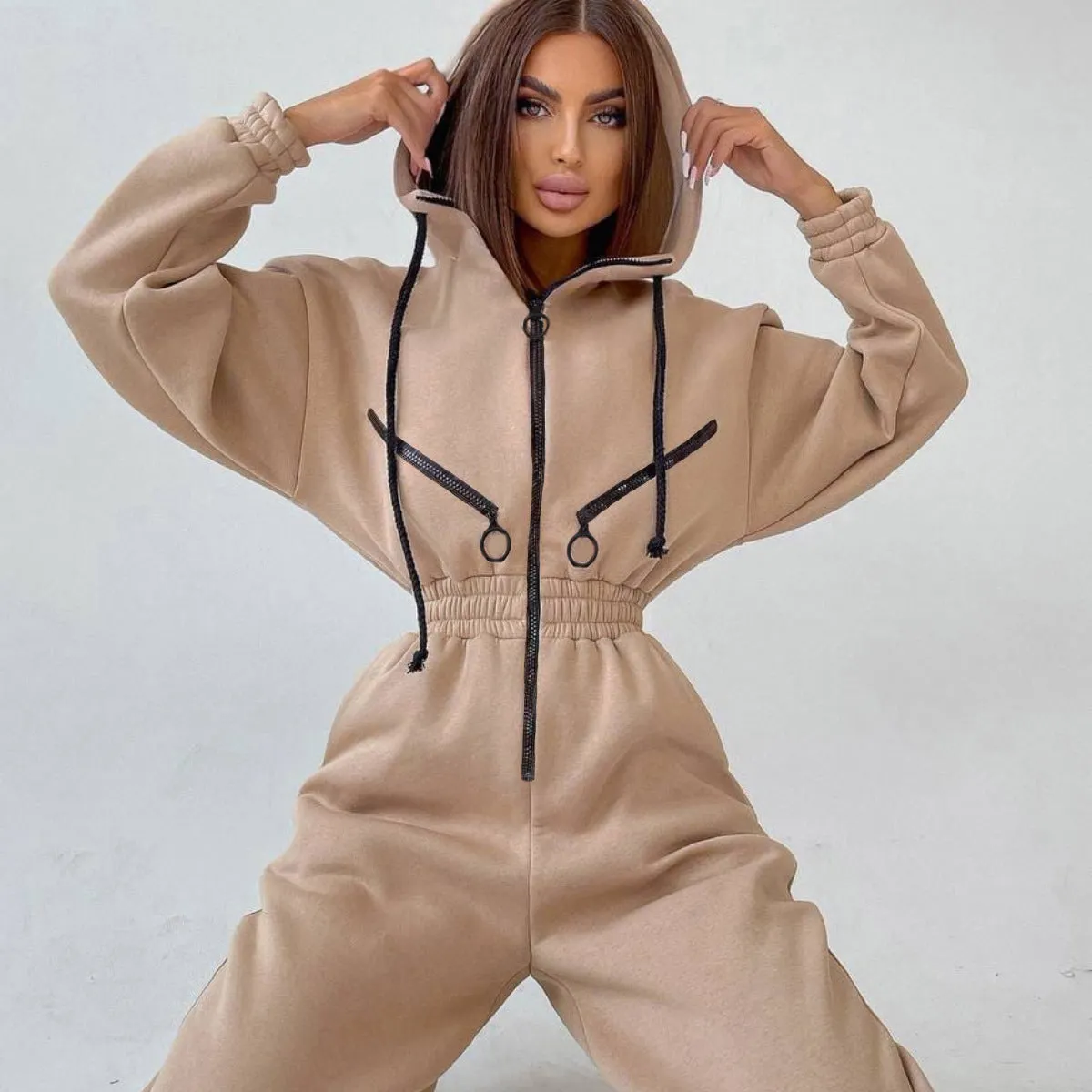 Elastic Waistband Pants One Piece Outfits Apricot