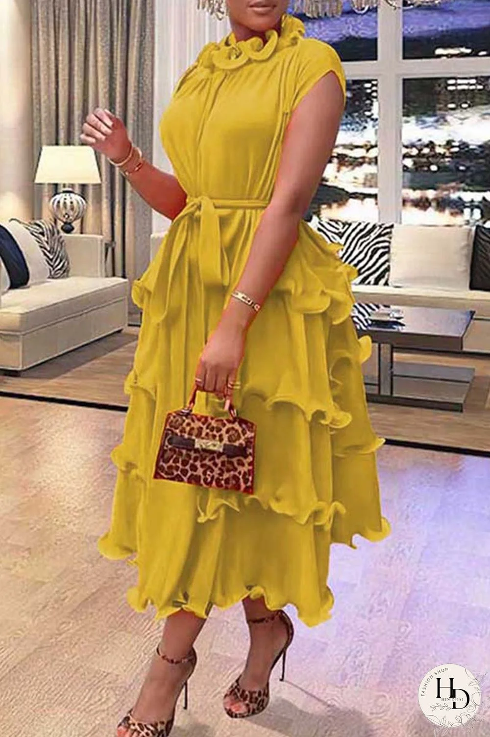 Earth Yellow Casual Solid Patchwork O Neck Short Sleeve Dress Dresses