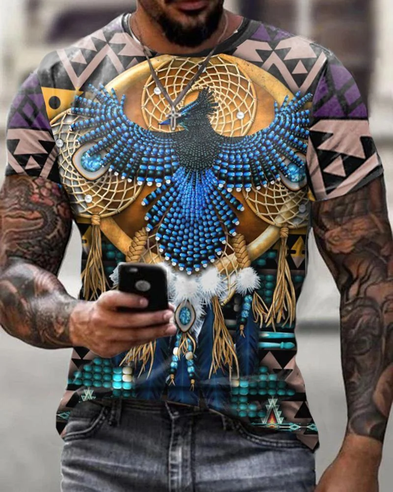 Men's Casual Retro Eagle & Geometric Pattern Short Sleeve T-shirt