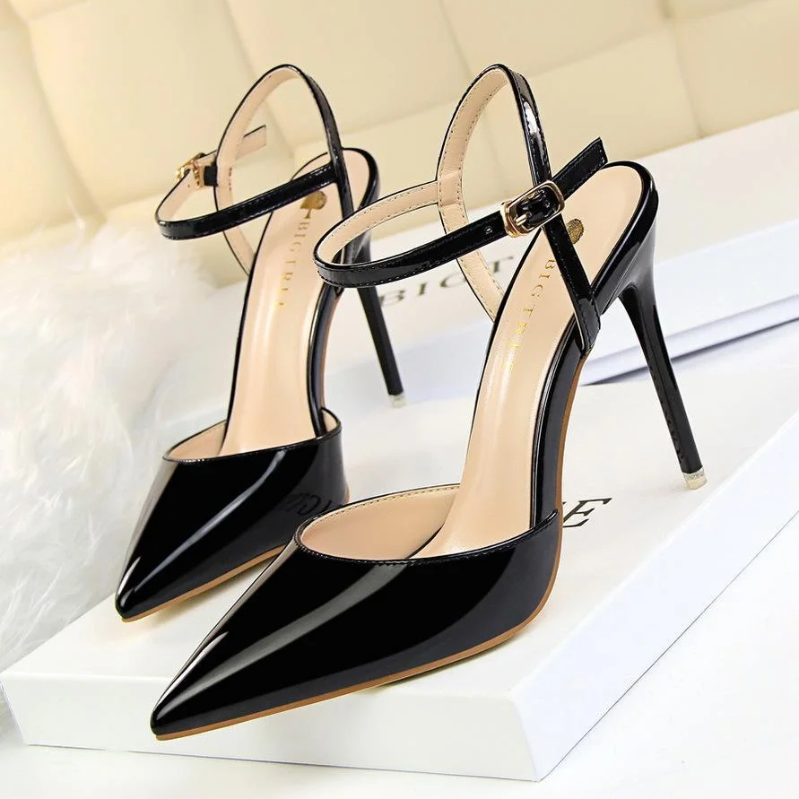 Simple stiletto super high heel shallow pointy patent leather sexy flat sandals