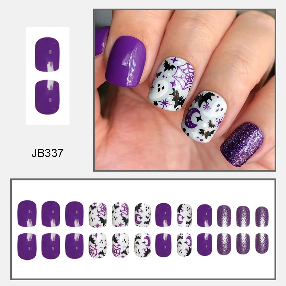 Churchf Short Square Nail Purple Flash Pink Ghost Spider Web Halloween Element Fake Nail Products Wear Nail Holiday Nail