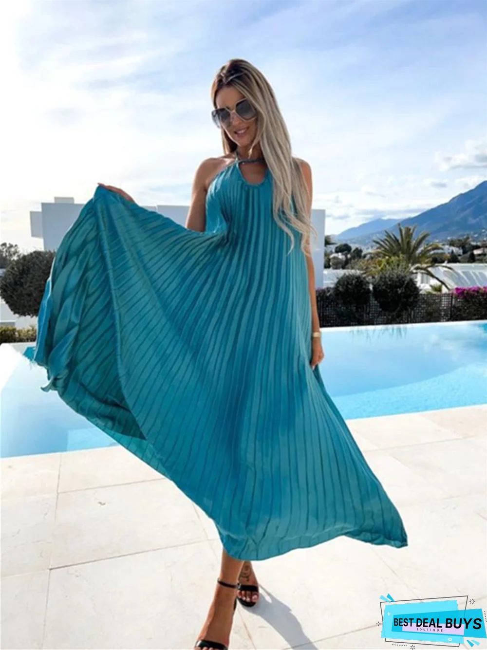 Pleated Suspender Sweet Waist Length Dress