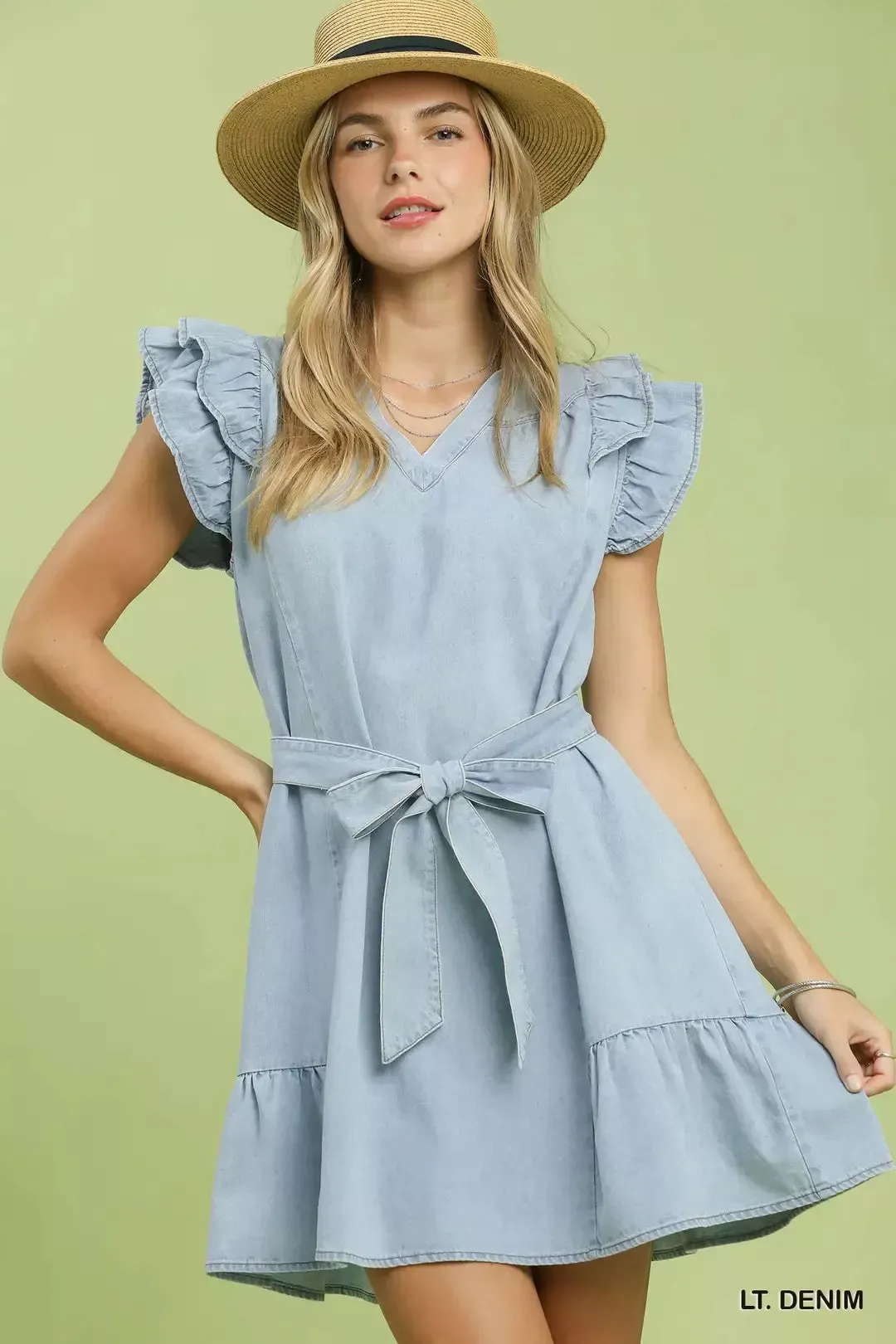 Umgee Chambray Ruffled Denim Dress with Side Pockets mysite idetrend
