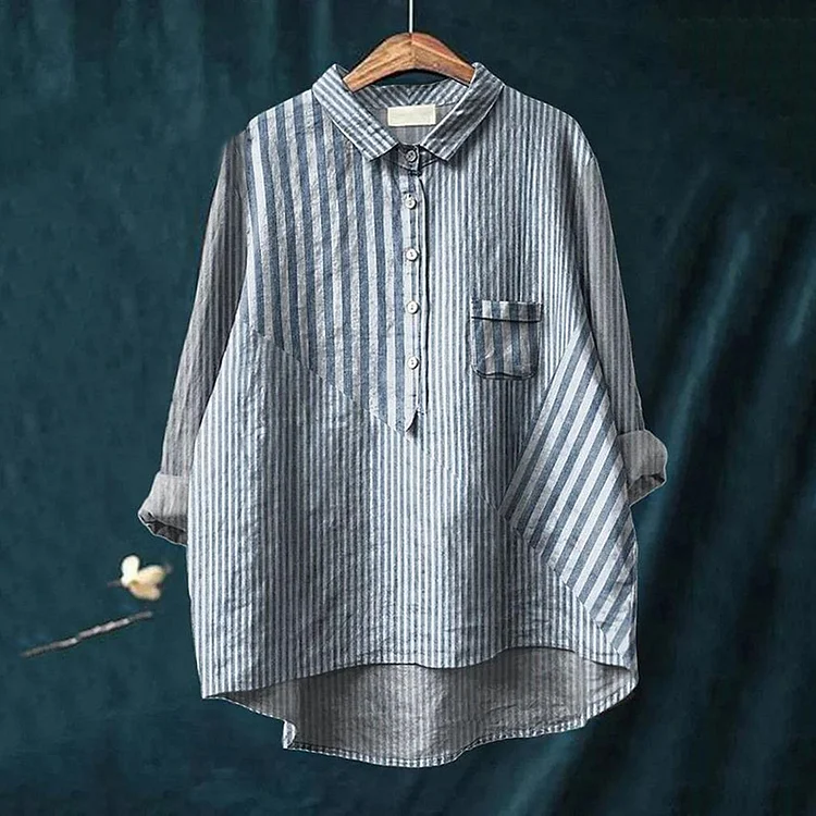 Women's Casual Stripe Art Printed Cotton And Linen Shirt