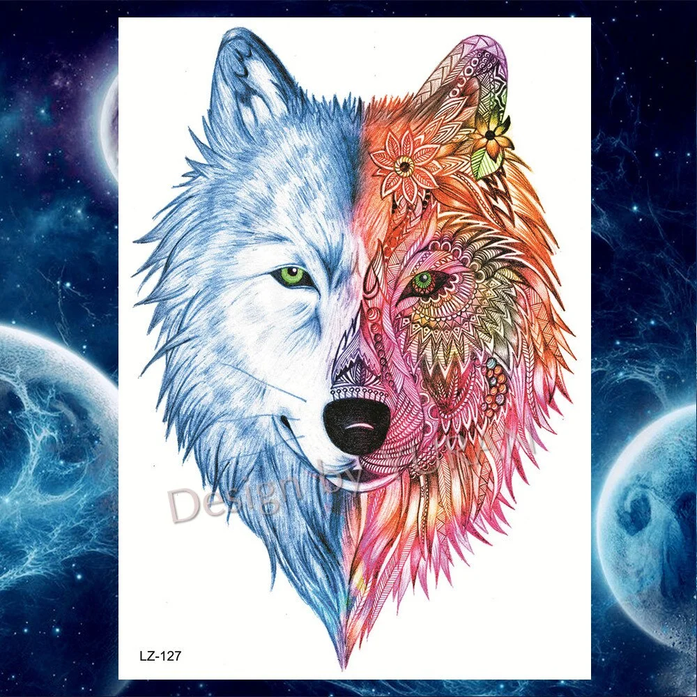 Tribal Forest Animals Black Galaxy Triangle Wolf Animals Temporary Tattoo Stickers Women Men Deer Tatoo Waterproof Arm Tattoos