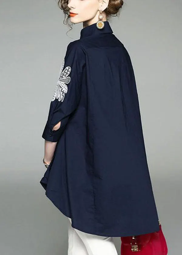 handmade blue peter pan collar embroidered asymmetrical design cotton long shirt half