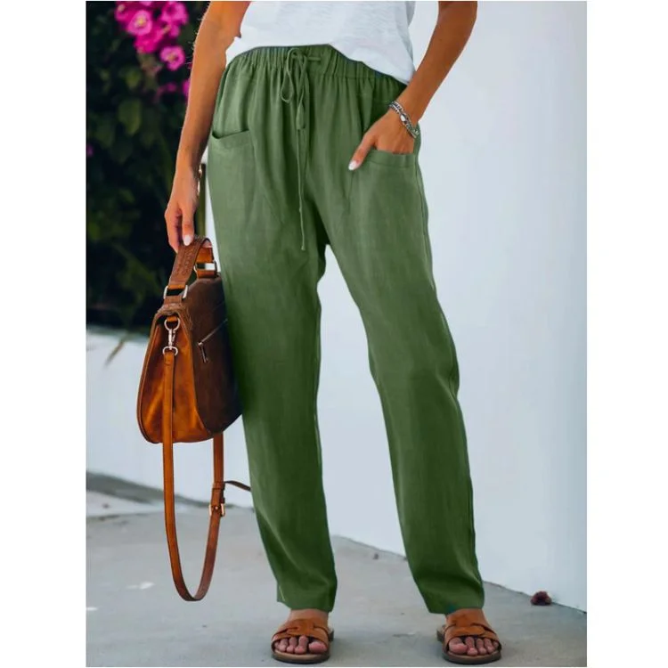 Loose solid color lanyard with pockets slim casual trousers