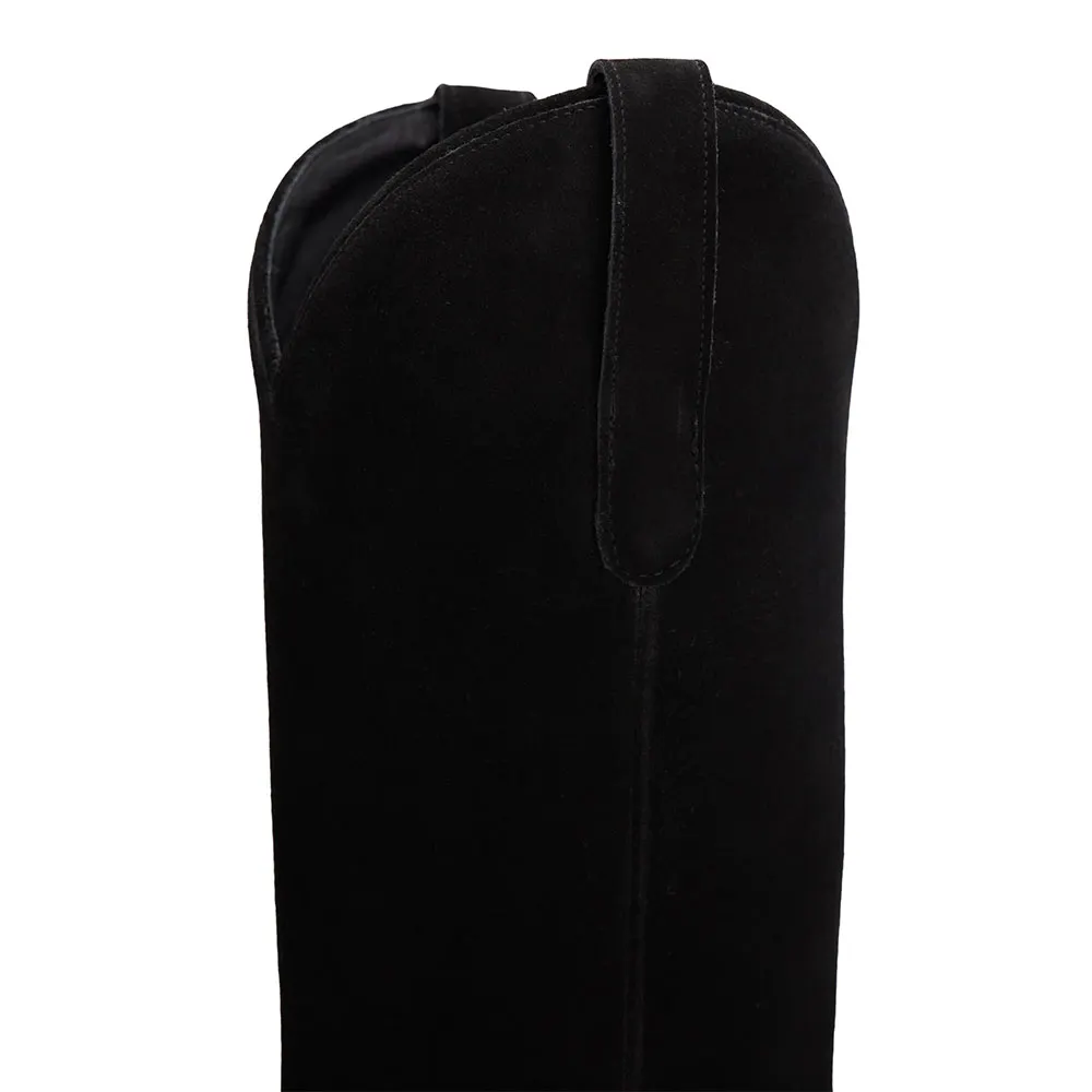 Black Vegan Suede Snip Toe Chunky Heel Pull On Cowgirl Boots