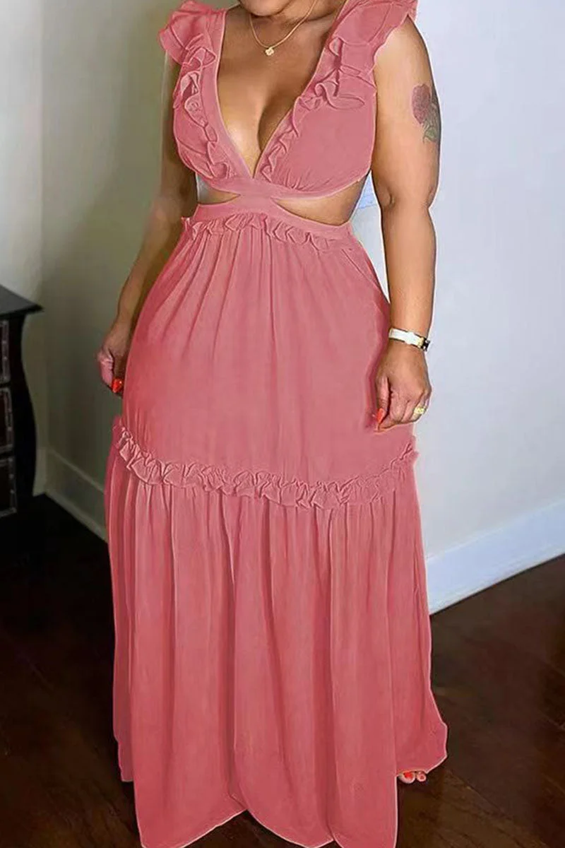 Sexy Solid Bandage Hollowed Out Patchwork Backless Stringy Selvedge V Neck Dresses