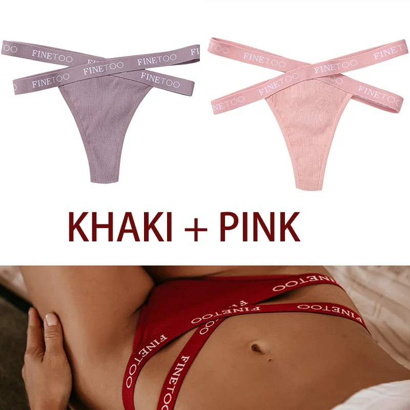 FINETOO 2PCS/Set Women's Cotton G-string Sexy Cross Strap Panties Letter Waisted Underwear Thongs Femme Hollow Out Lady Briefs