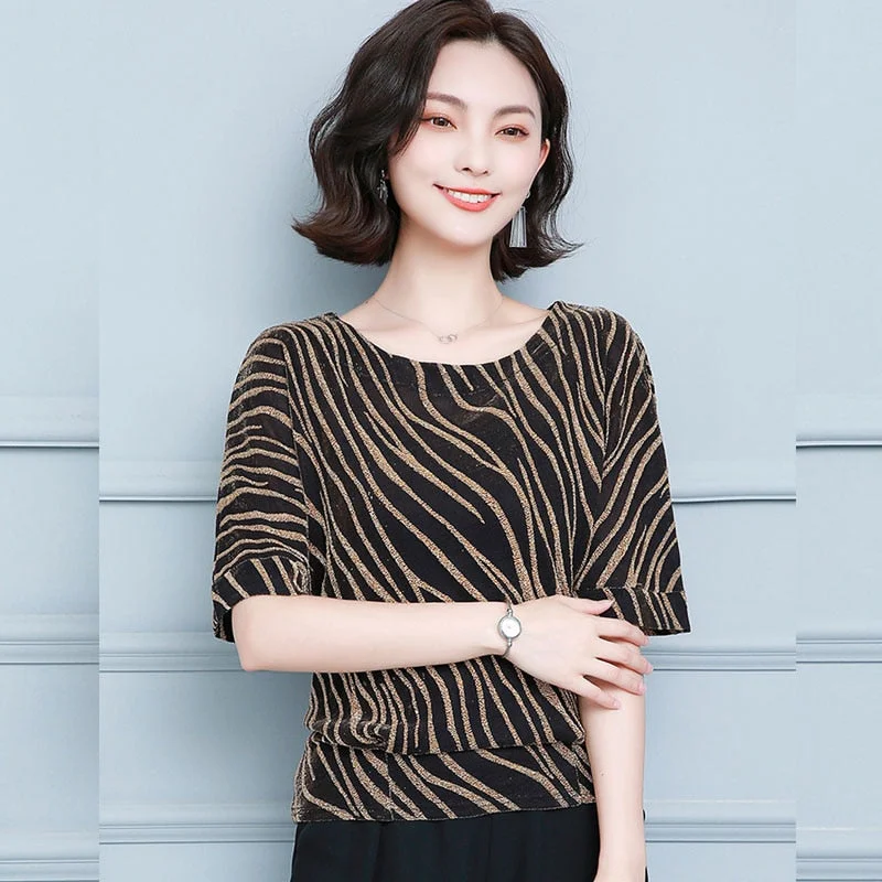 2021 Spring and Summer New Women's Striped Office Lady Style Short Sleeve Blouse Plus Size 4XL Women Base Shirt Blusas 10365