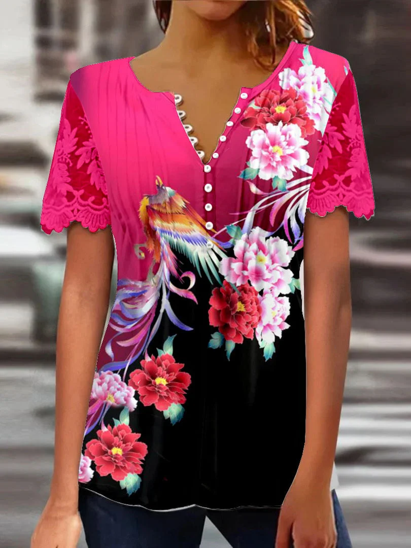 Women Short Sleeve V-neck Floral Printed Printed Graphic Lace Button Tops