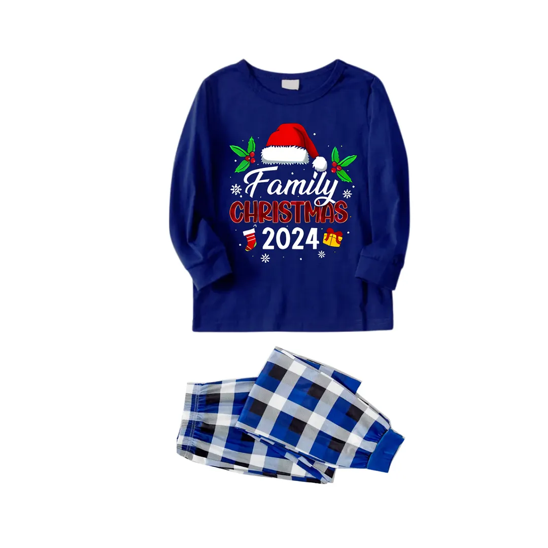 "Family Christmas 2024" Text and Christmas Element Printed Blue and White Plaid Family Matching Pajamas