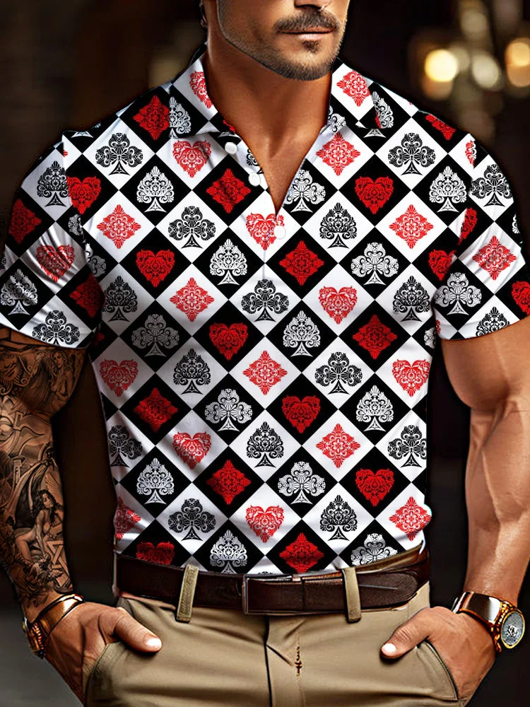 Vintage White And Black Rhombus Poker Element Pattern Printing Short Sleeve Polo BestDVibe