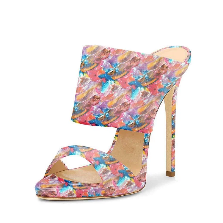 Floral Stiletto Heels Open Toe Mule Sandals by FSJ |FSJ Shoes