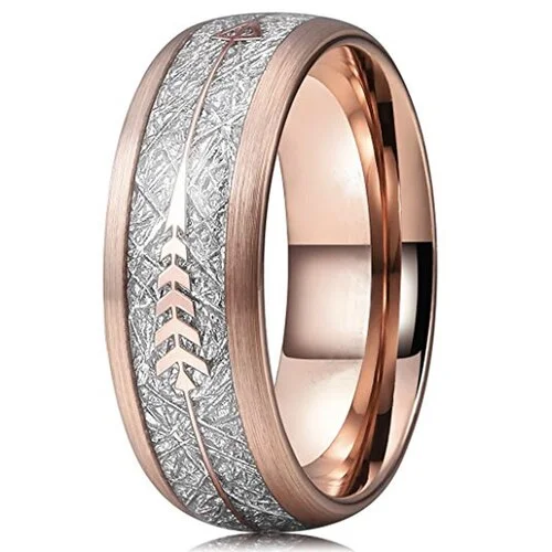 Women's Or Men's Tungsten Carbide Wedding Band Matching Rings,Plated Rose Gold Tone Cupid's Arrow Ring with Inspired Meteorite Inlay,Tungsten Carbide Domed Top Ring With Mens And Womens Rings For 4MM 6MM 8MM 10MM