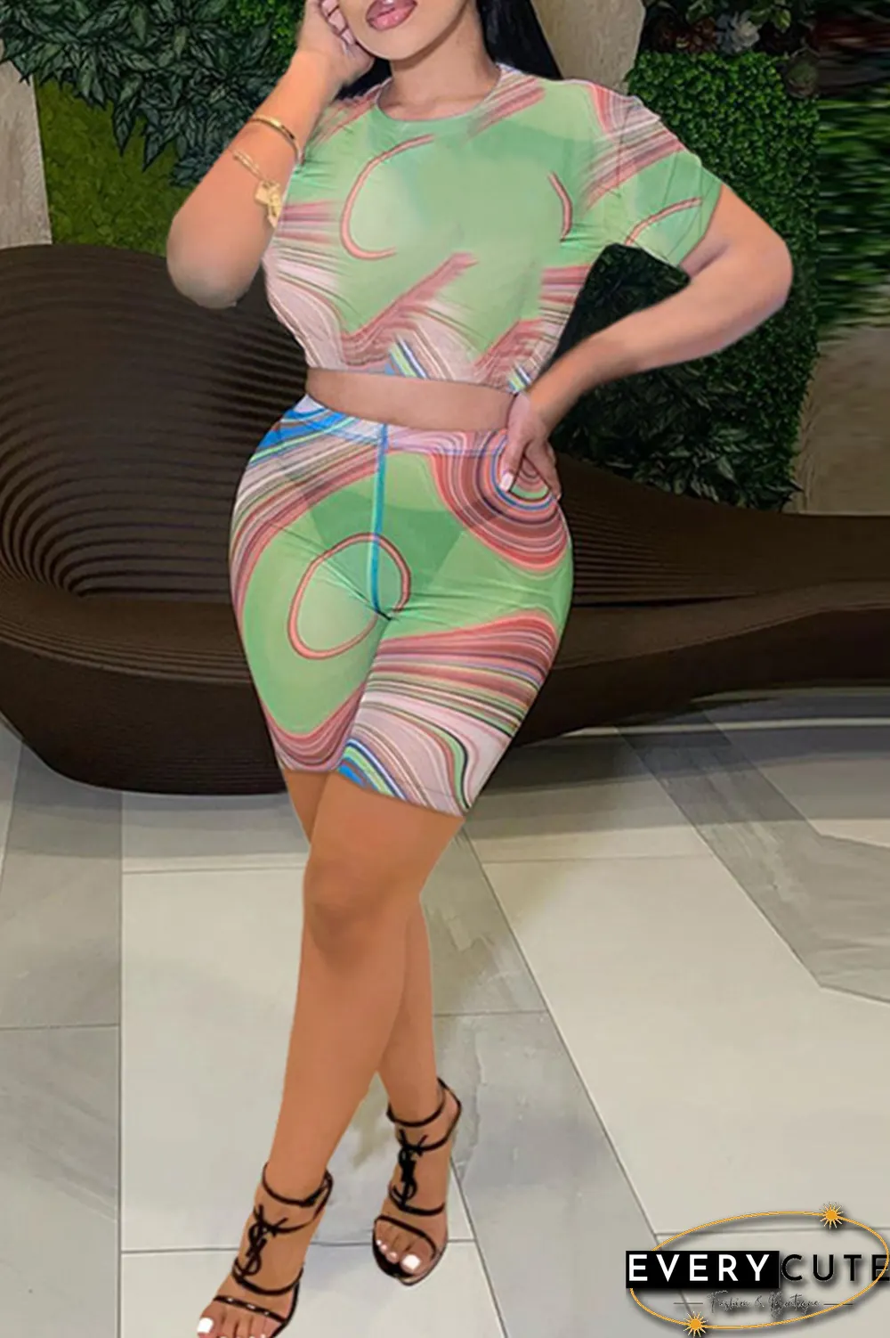 Sexy Print Mesh O Neck Short Sleeve Two Pieces