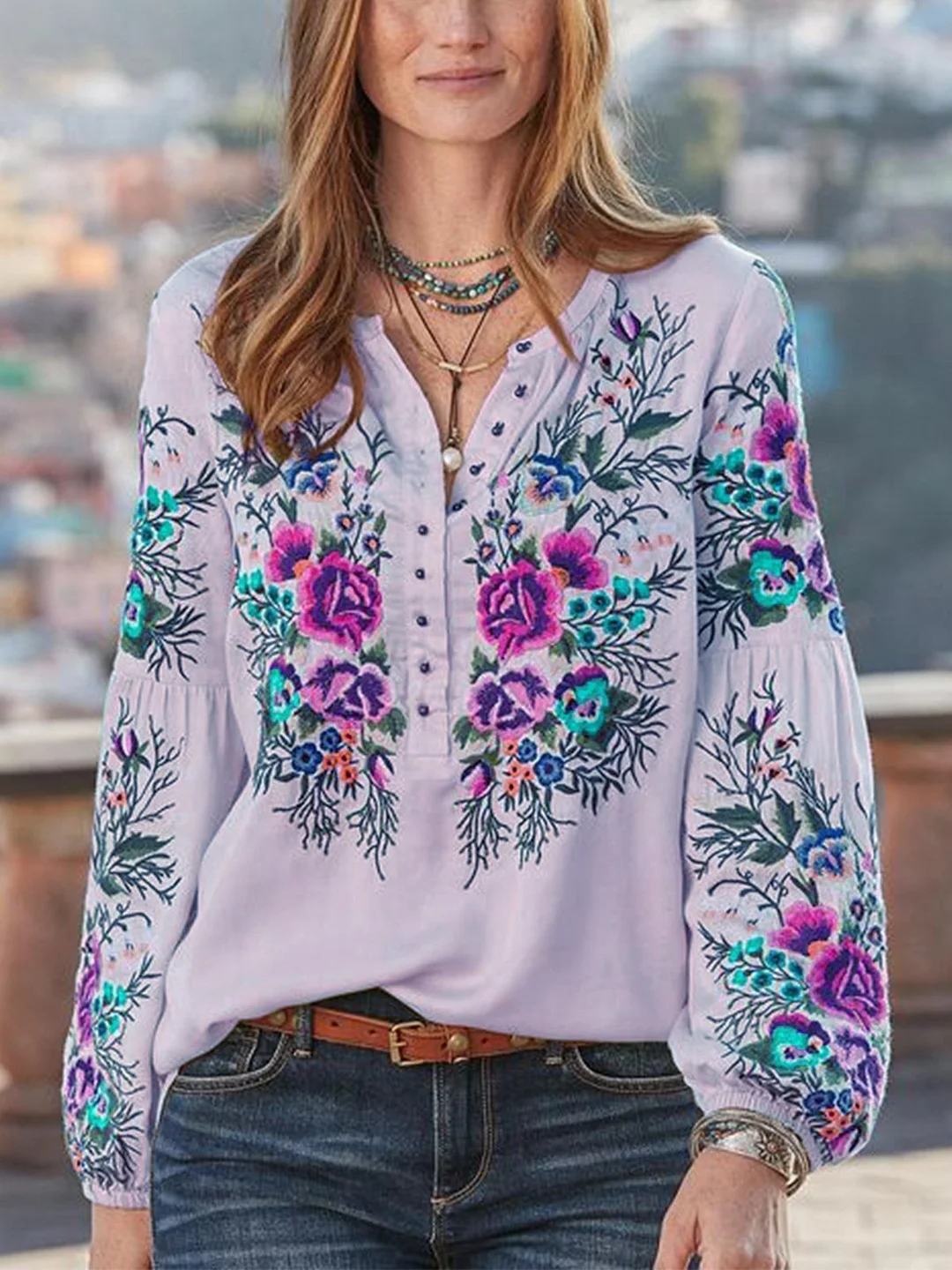 Beautiful Floral V Neck Long Sleeve Casual Shirts for Women