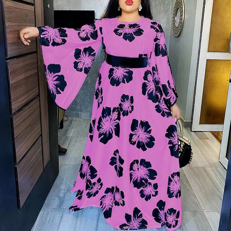 VONDA 2022 Summer Party Maxi Dress Women Sundress Long Sleeve Vintage Printed Pleated Dress Flare Sleeves Holiday Vestidos