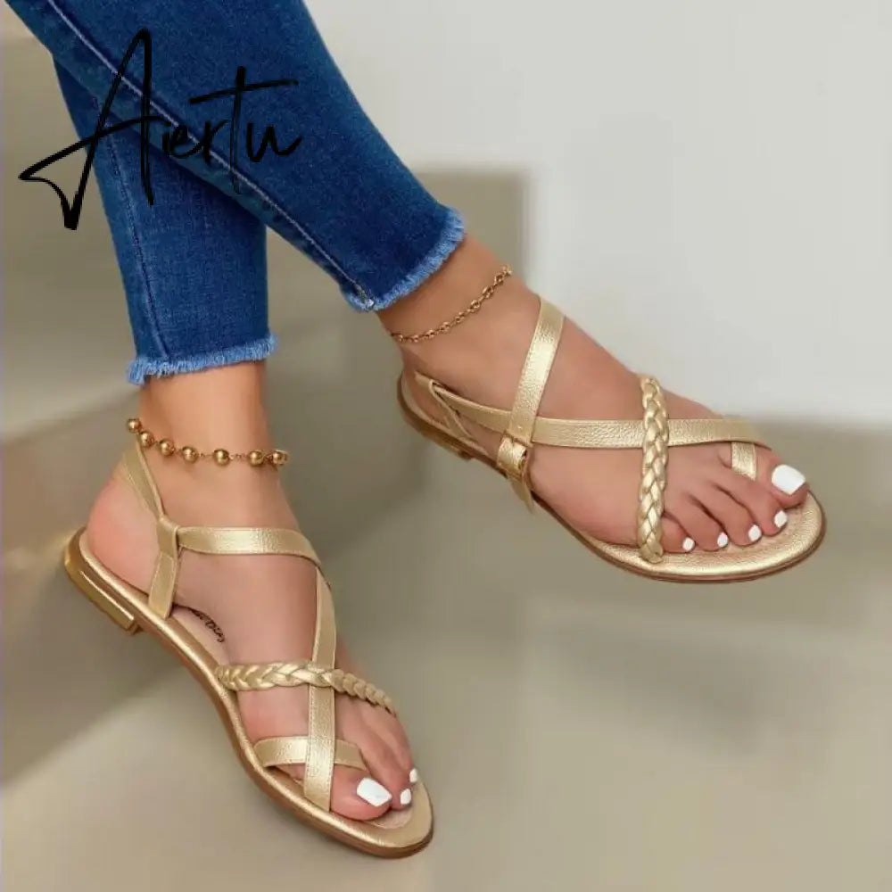 Summer Women Flat Sandals Fashion Buckle Strap Open Toe Beach Casual Women's Shoes Flats Pus Size Ladies Sandals Aiertu