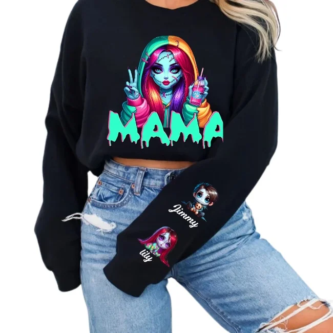 Horror MAMA Sweatshirt with Kid's Names on the Sleeve