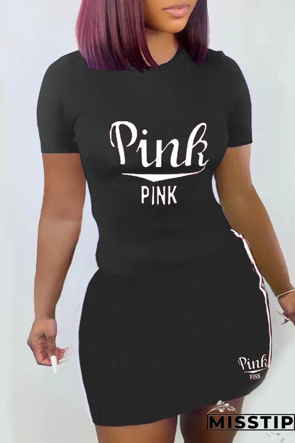 Black Fashion Casual Letter Print Patchwork O Neck Short Sleeve Two Pieces