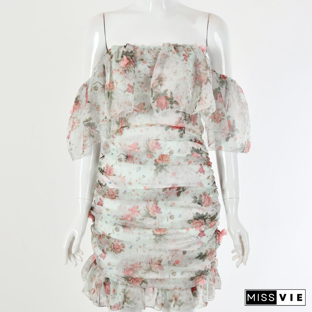 Applique Off Shoulder Ruffled Chiffon Dress