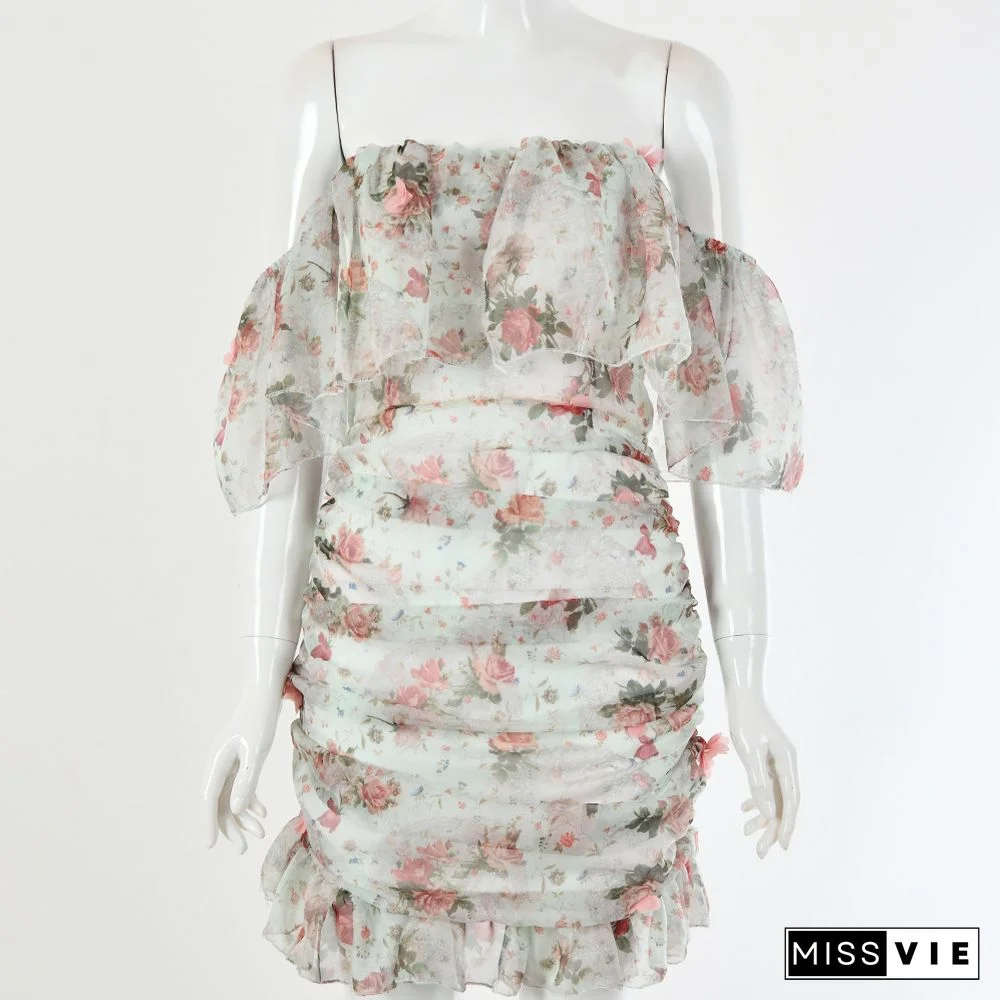 Applique Off Shoulder Ruffled Chiffon Dress