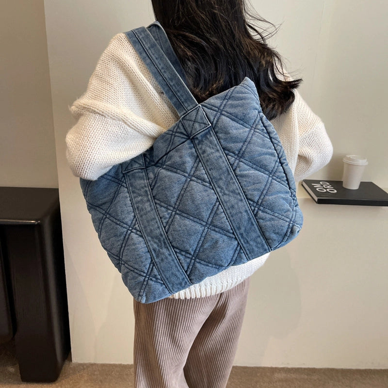 Ina Style Japanese Style Denim Single Shoulder Bag Rhombus Design Fashionable Rui Camp Hand Bag Women’s Bag Underarm Tote Bag