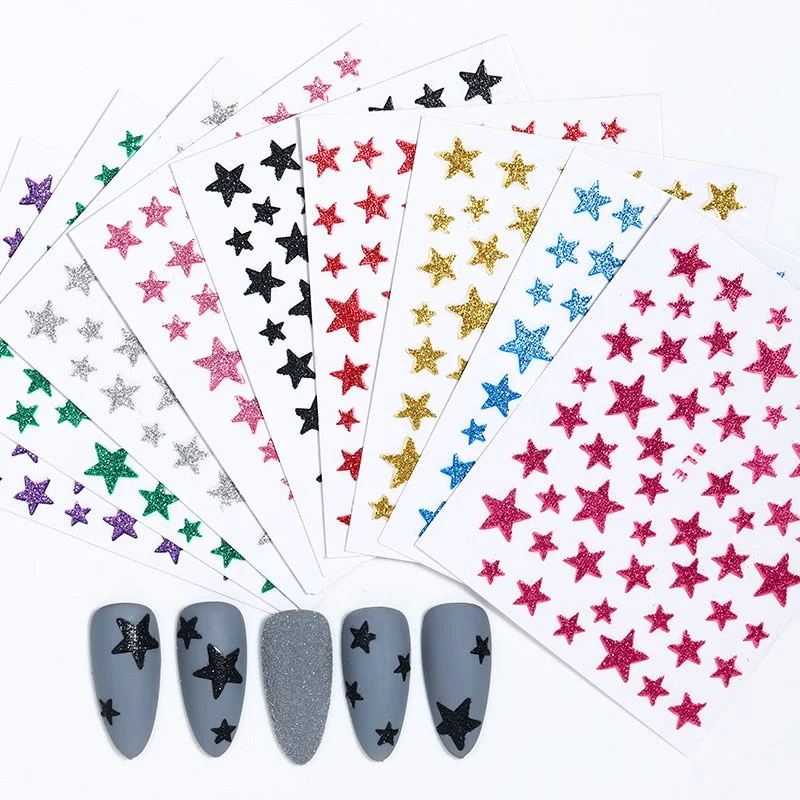 1 Sheet 3D Nail Slider Stars Glitter Shiny Decoration Decal DIY Transfer Adhesive Colorful Nail Art Tips