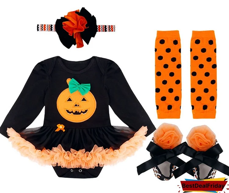 4Pcs Cute Halloween Pumpkin Kids Baby Girl Cotton Bodysuit Romper Jumpsuit Outfits Party Costume for Photos Props