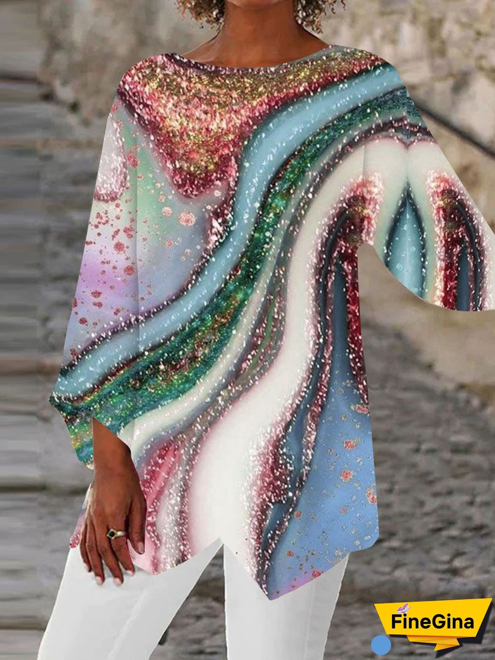 Women Asymmetrical 3/4 Sleeve Scoop Neck Colorblock Tops