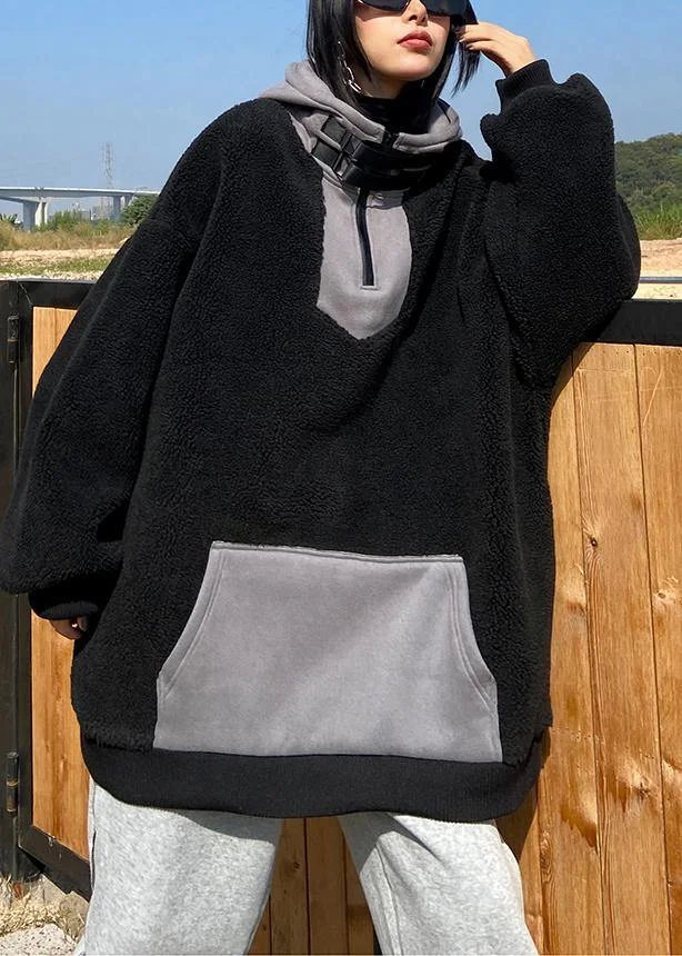Women hooded zippered spring clothes black fuzzy wool tops