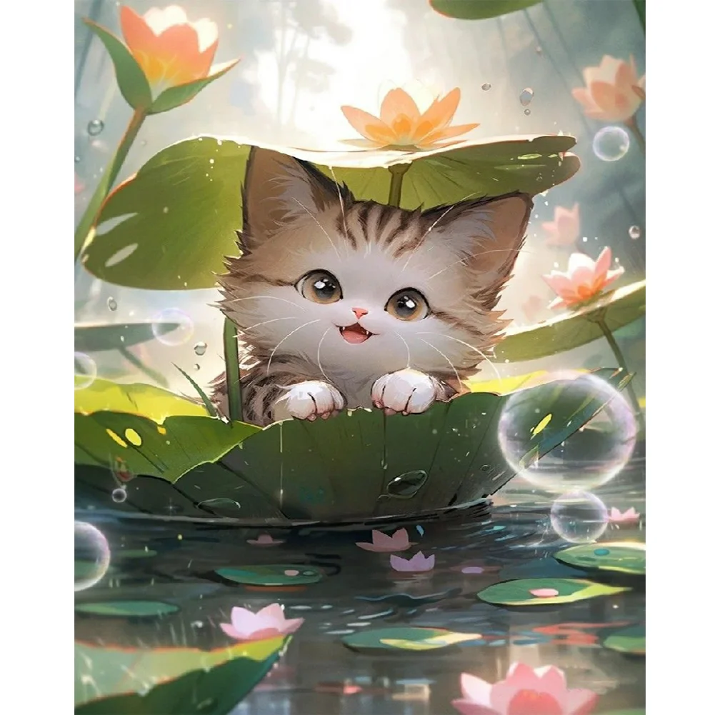 Full Round Diamond Painting - Cat in Lotus Pond(Canvas|40*50cm)