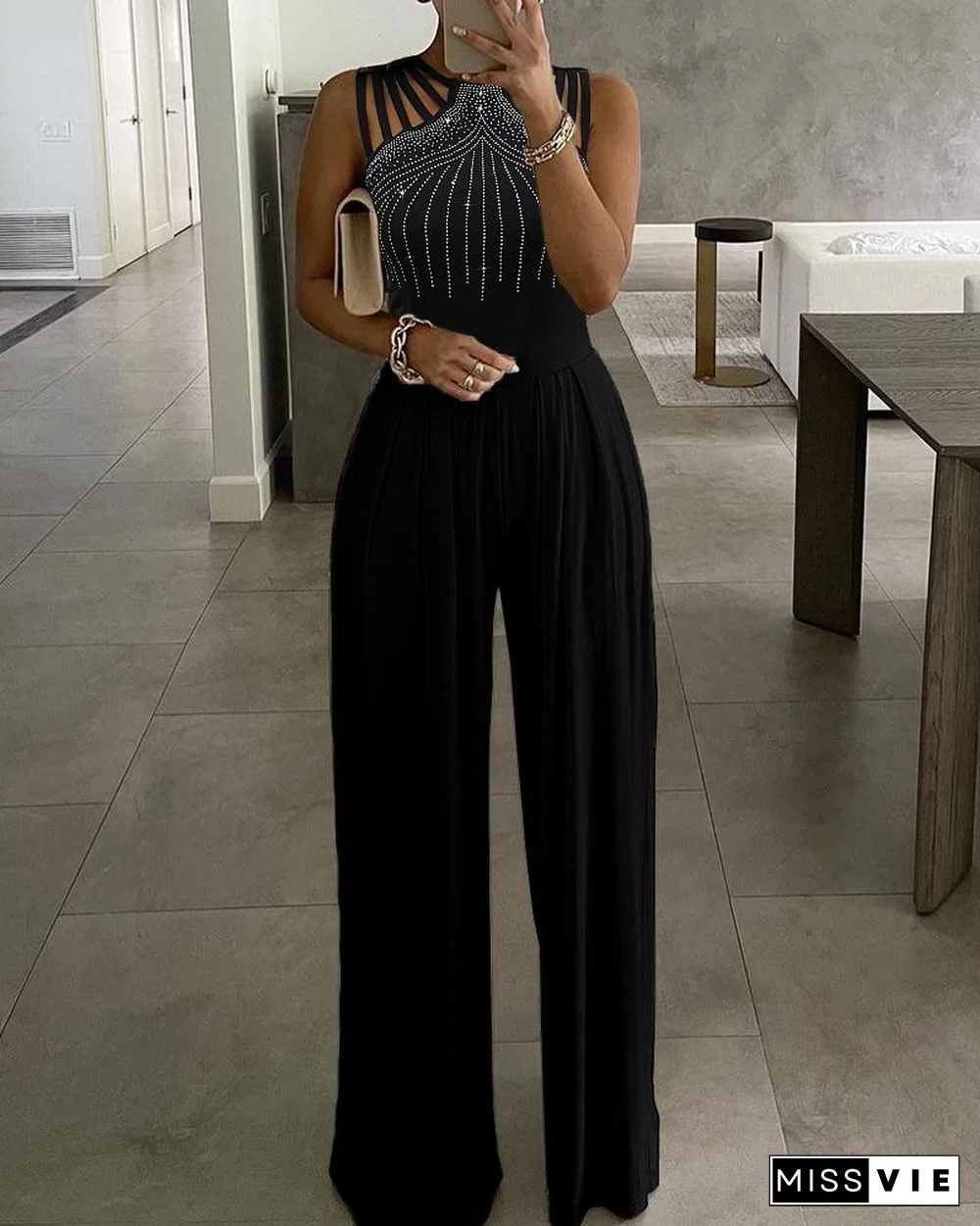 Studded Cutout Ruched Wide Leg Jumpsuit