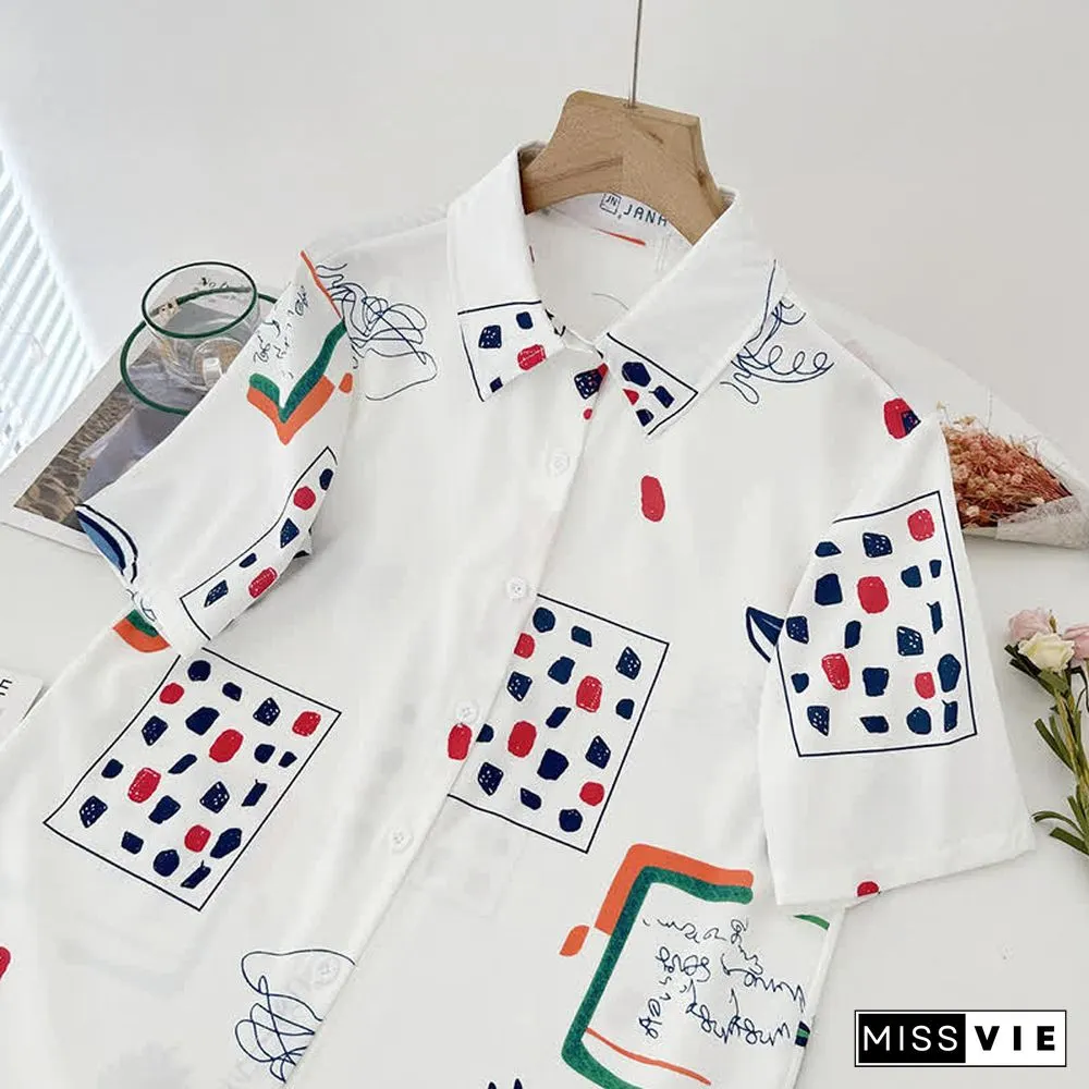 Cartoon Print Lapel Short Sleeve Loose Shirt