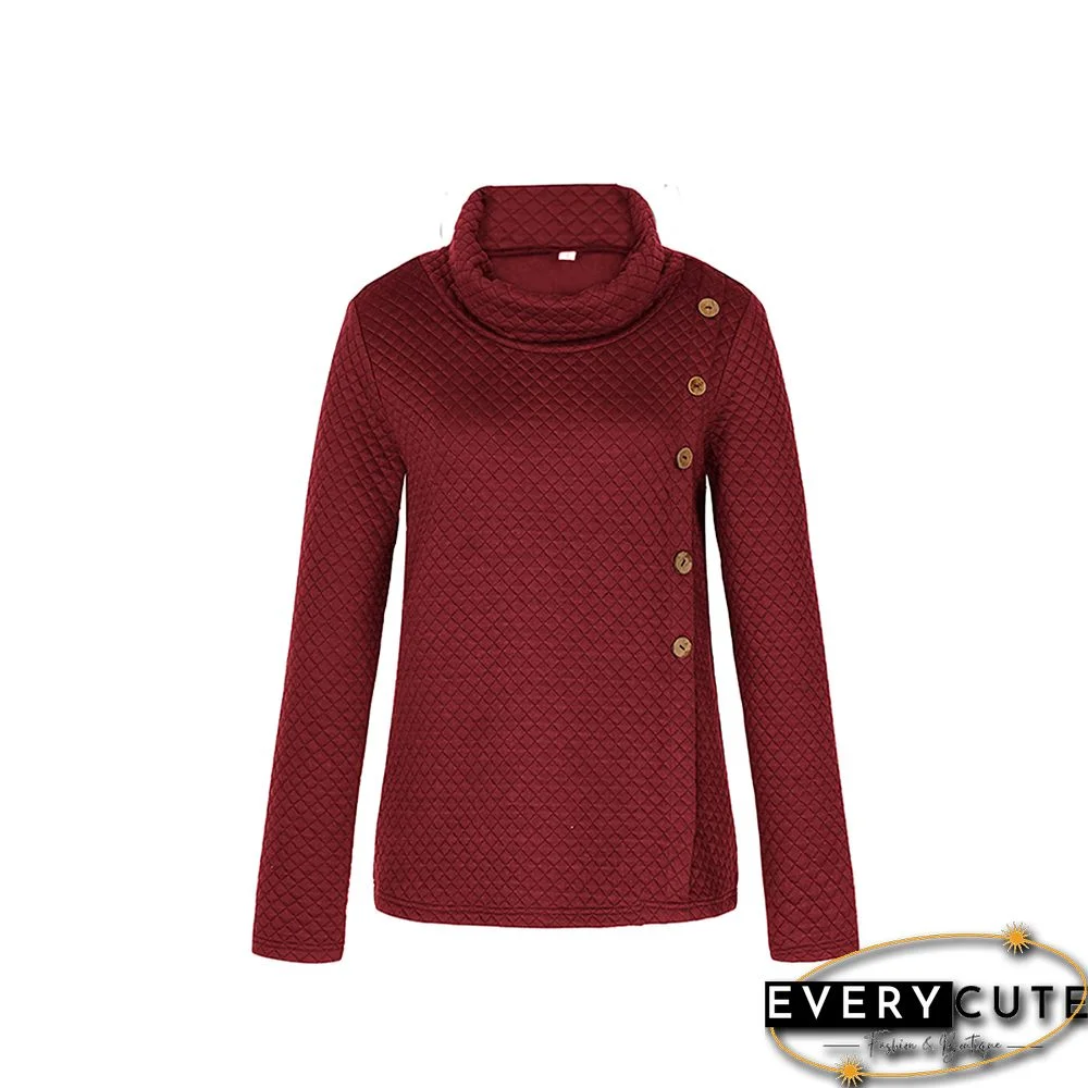 Wine Red Button Detail High Collar Sweatshirt