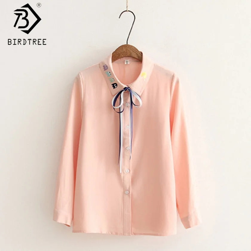 2017 Autumn White Embroidery Blouse with Lace Up Bow Turn-Down Collar Japanese Kawaii Female Shirts Tee Tops New Arrival T79615A