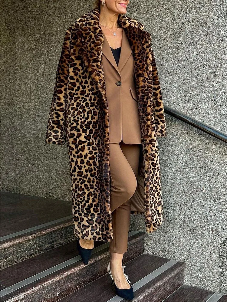 Fashion Suit Collar Leopard Pattern Ankle Length Coat