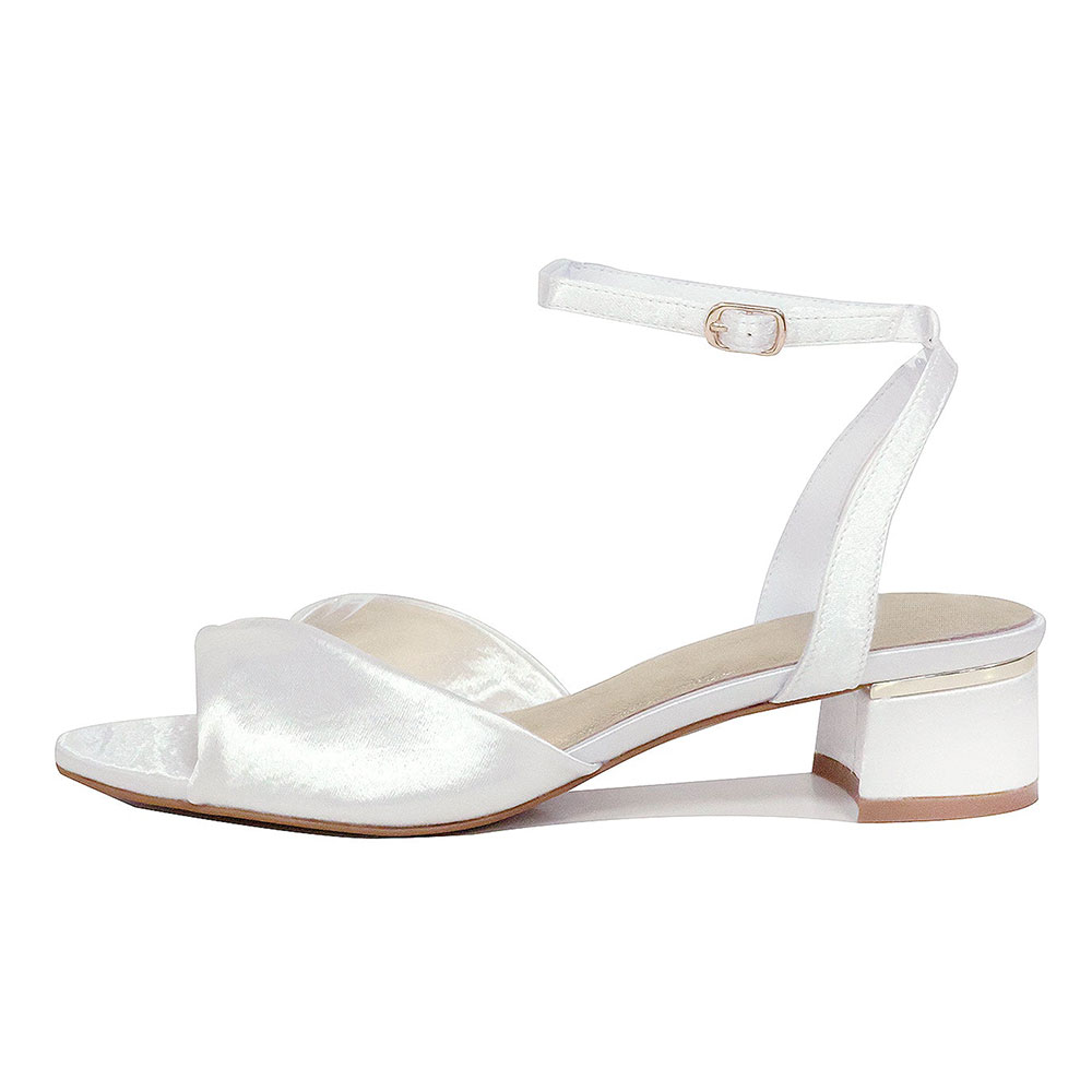 White Satin Fold Strap Block Heel Wedding Sandals for Women
