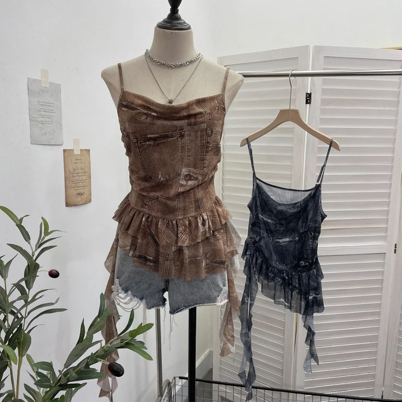 Uveng Real Shoot Spice Girl Swing Network Yarn Print Sling Vest Retivating Lotus Leaf Side Ribbon Short Top 1210